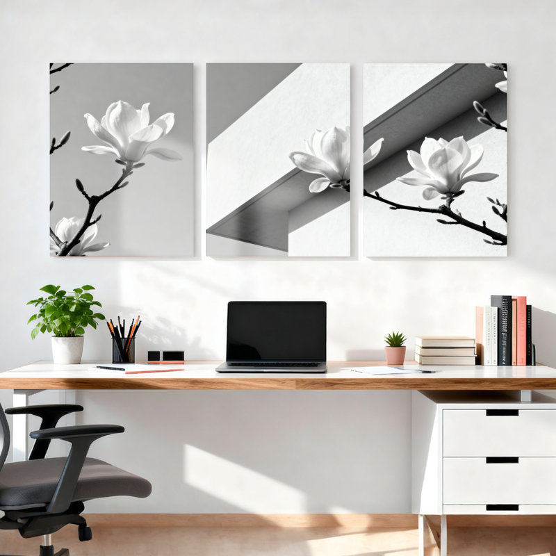 Ensemble de 3 tableaux abstraits de fleurs de magnolia en noir et blanc sur toile tendue, pour la décoration du salon, de la chambre et de la maison.
