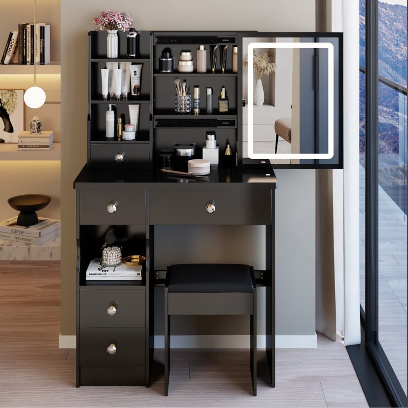 29.2" Small Size Left Drawer Desktop Vanity Table With Cushioned Stool,Large Sliding,Touch-Control, Black