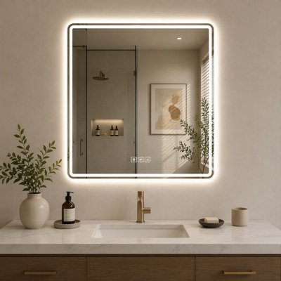 Miroir de salle de bain carré à DEL de 91 x 91 cm (36 x 36 po) – Miroir de coiffeuse avec bande lumineuse dépolie, antibuée, couleur à intensité variable, fonction mémoire et arrêt automatique – Design moderne pour une salle de bain élégante.