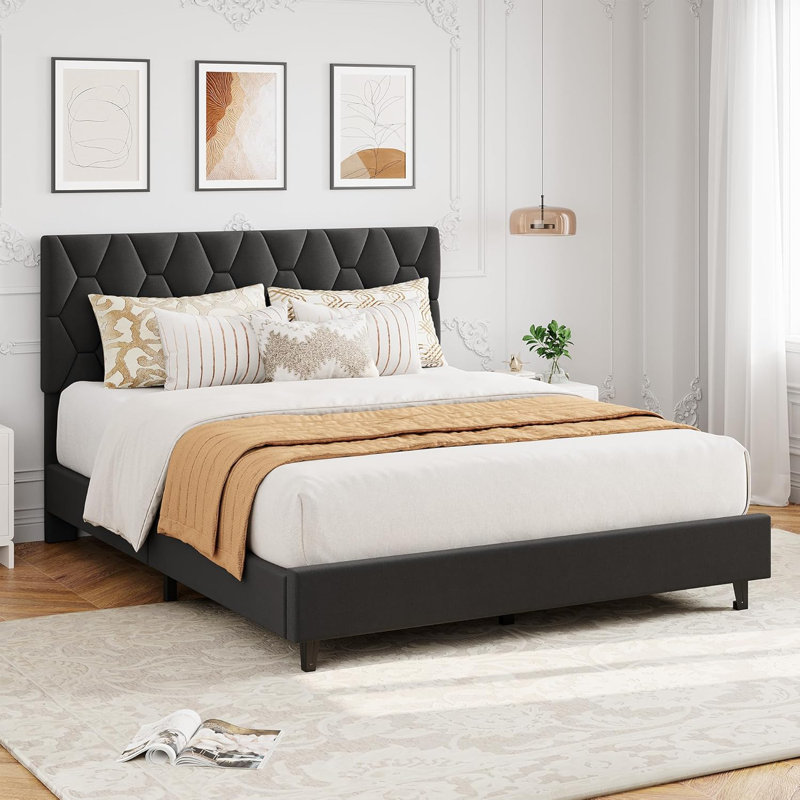 Upholstered Bed Frame, Modern Platform Bedframe with Adjustable Velvet Headboard, No Box Spring Needed, Gray, Full