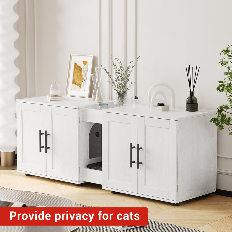 Enceinte de litière pour chat 55 po en bois pour 2 chats, armoire cachée à double compartiment avec tablette à gratter et rangement, mobilier pour chat blanc