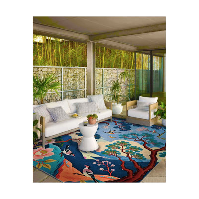 Paris Collection Pastel Themed Mountain Trees Bird and Flower Pattern Modern Decorative Machine Washable Rug