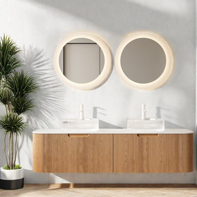 Meuble-lavabo moderne gain d'espace avec lavabo en verre, fini bois naturel
