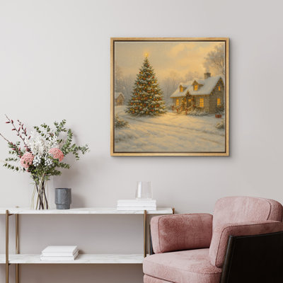 Cozy Christmas Cabin Snow Snowed Tree Winter Scene, reproduction d'art sur toile encadrée