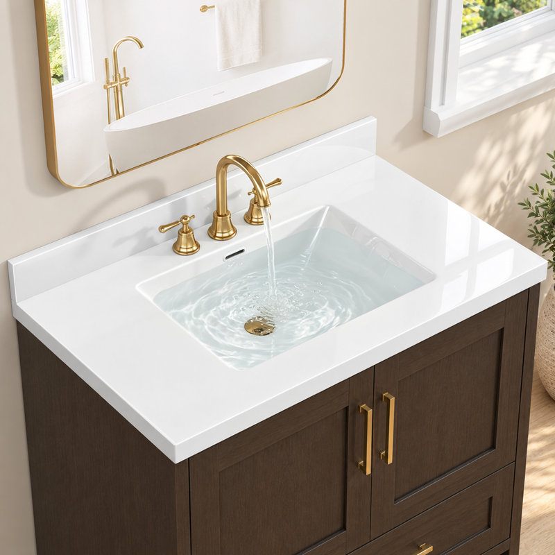 Comptoir de meuble-lavabo 36 po avec évier central intégré et comptoir blanc de 3,5 po avec 3 trous pré-percés pour robinet espacé de 8 po