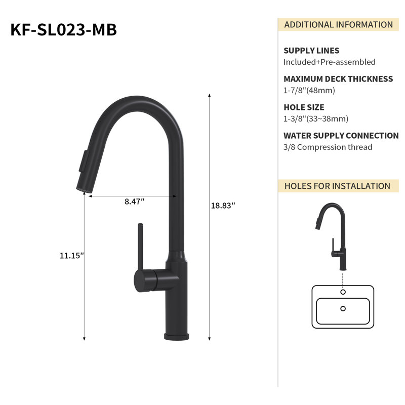 Robinet de cuisine escamotable noir mat pour une fonctionnalité améliorée - 18,97 18,97 po avec corps en laiton, Noir mat