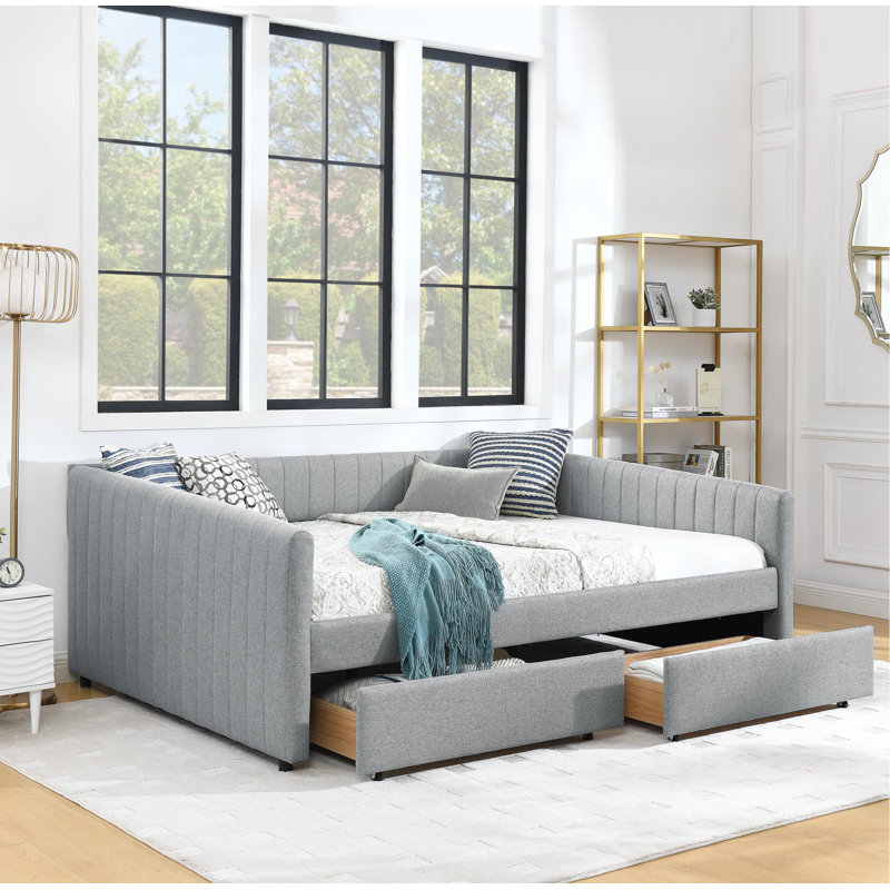 Daybed with Two Drawers Upholstered Sofa Bed, with Vertical Stripes Linen Fabric, Gray