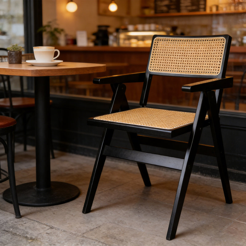 Chaises pliantes en bambou avec dossier en rotin tissé et structure en bambou en caoutchouc | Couleur noire, Noir