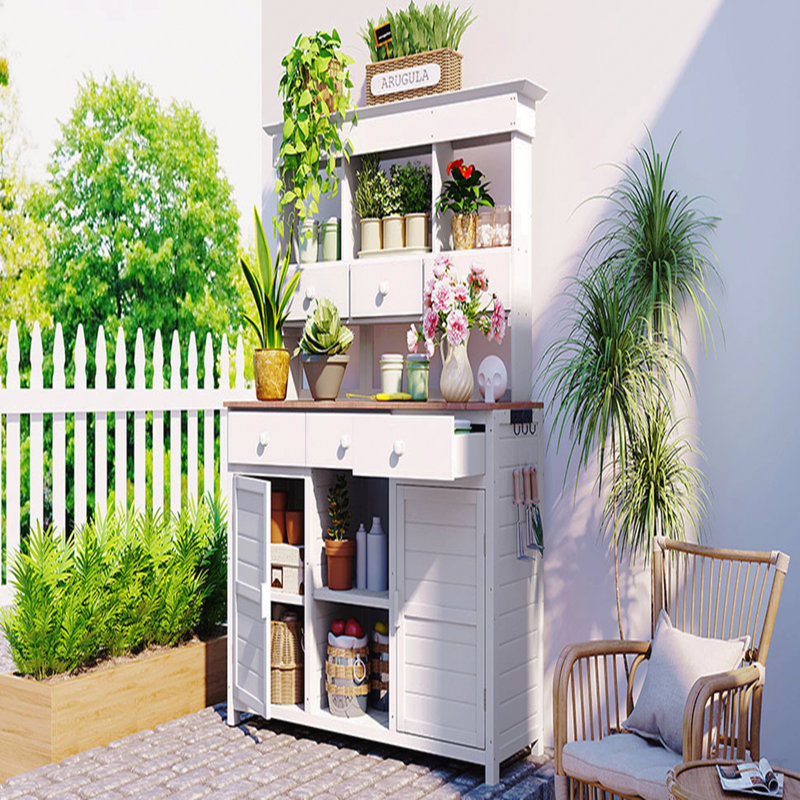 Table de jardin haute avec huche, poste de travail de rangement pour patio avec 3 tablettes, 6 tiroirs, 2 armoires inférieures et crochets latéraux pour vestibule, porte, blanc