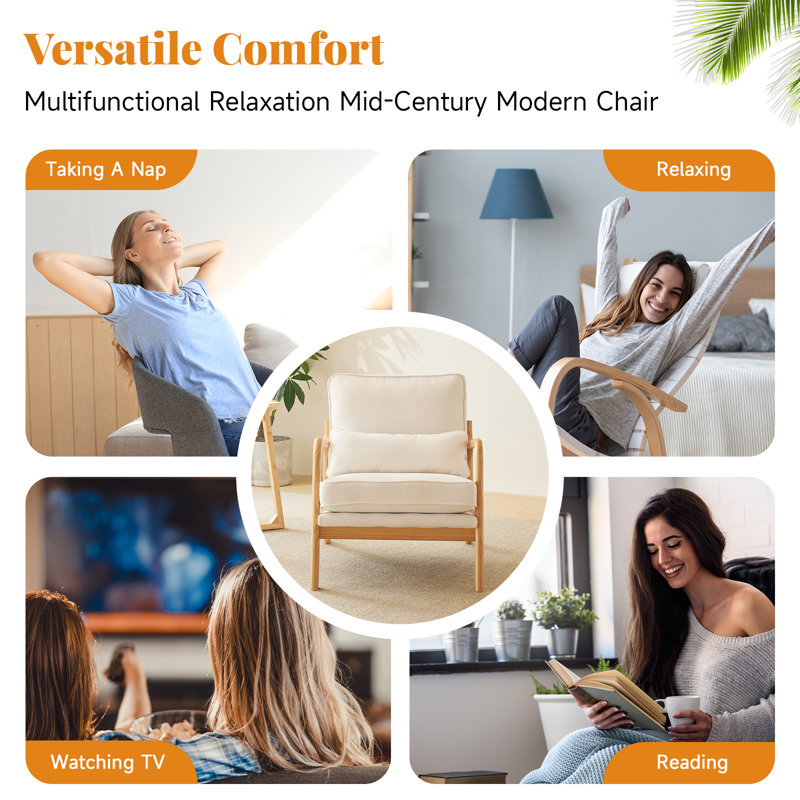 Lemley Mid Century Solid Wood Accent Chair Upholstered Armchair With An Extra Pillow （Set Of 2), White Linen Blend