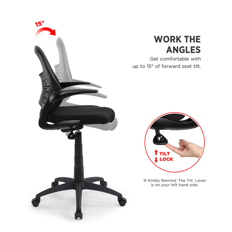 Tabouret de dessin ergonomique à dossier moyen inclinable vers l'avant avec accoudoirs rabattables et roulettes à frein automatique, chaise de bureau pivotante assortie pour bureau debout, noir
