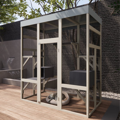Gray Wooden Outdoor Catio Pet Enclosure with Waterproof Top and Secure Cage