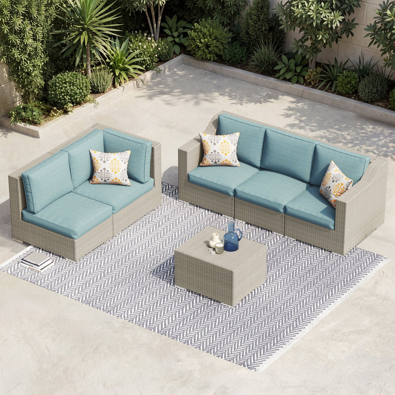 Ensemble de conversation modulaire en osier / rotin pour 5 personnes avec coussins et coussins Baecher (entièrement assemblé)
