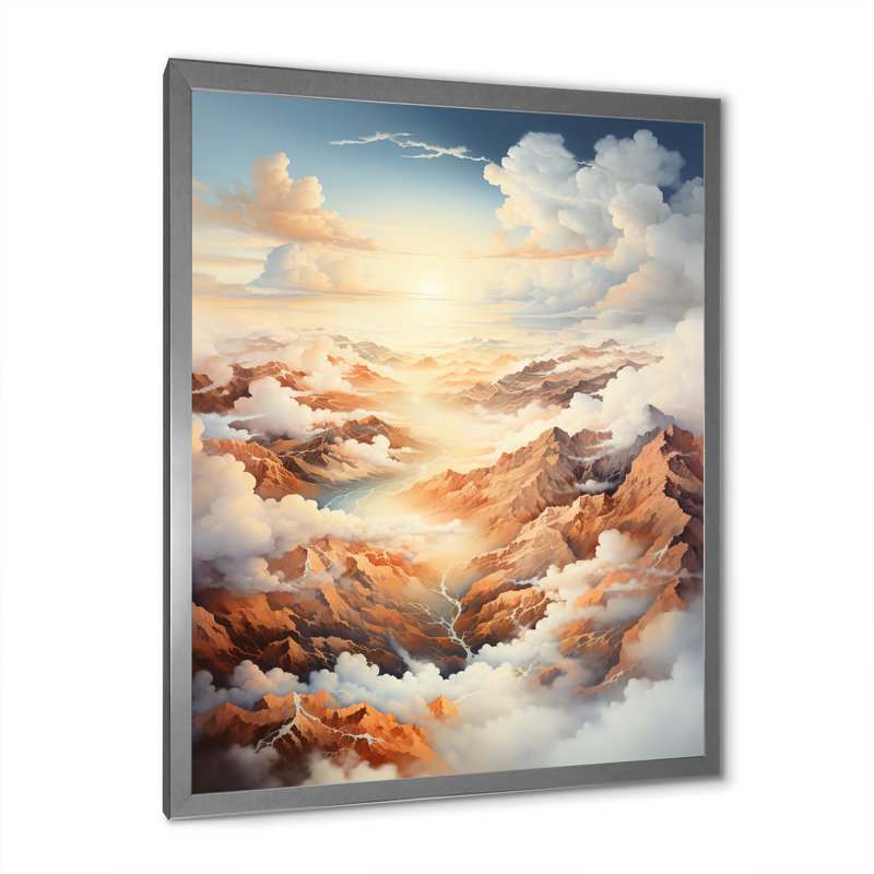«White Brown Clouds Scenery Minimalisme», reproduction sur toile, H 32 po x l 16 po x P 1 po, Cadre simple argenté
