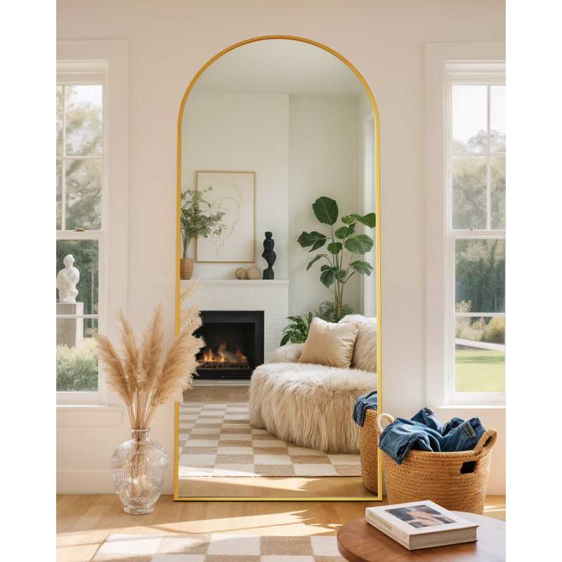 Arched Black Floor Mirror With Stand, 38x77 Inch Freestanding Full Body Mirror For Bedroom, Gold, 71" x 26"