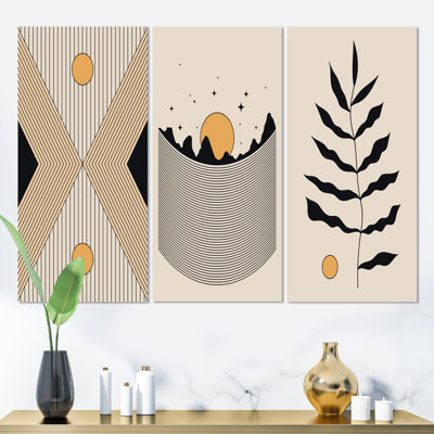 Boho Golden Sun, paysage monochrone III - ensemble d'art moderne Mid-Century de 3 pièces