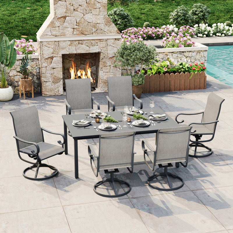 6-Person Rectangular Patio Dining Set With 360° Swivel Textilene Rocking Chairs, Gray