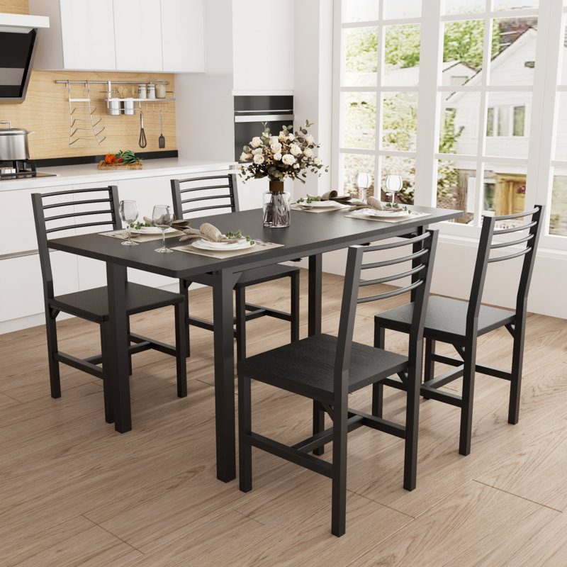 5 Piece Extendable Dining Set, 47”- 63” Extendable Dining Table With 4 Chairs, Kitchen Table Set With Mdf Wood Board And Metal Frame, For Small Space, Black