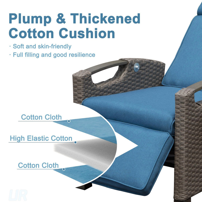 Luxurious Outdoor Recliner Chair With Hand-Woven Wicker, Adjustable Angles, And Flip Table For Ultimate Relaxation, Blue