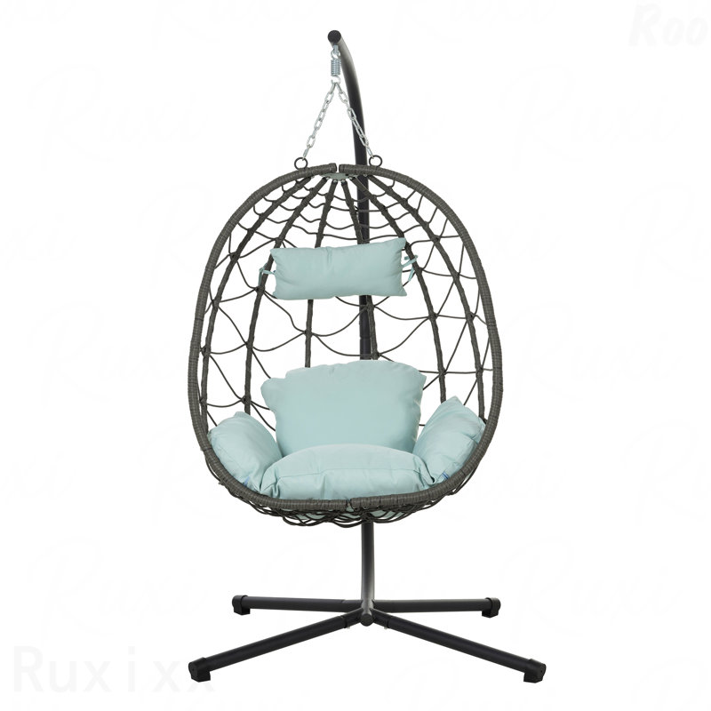 Patio Wicker Hanging Egg Chair With Stand, Indoor Outdoor Swing For Bedroom Living Room Balcony, Light Blue