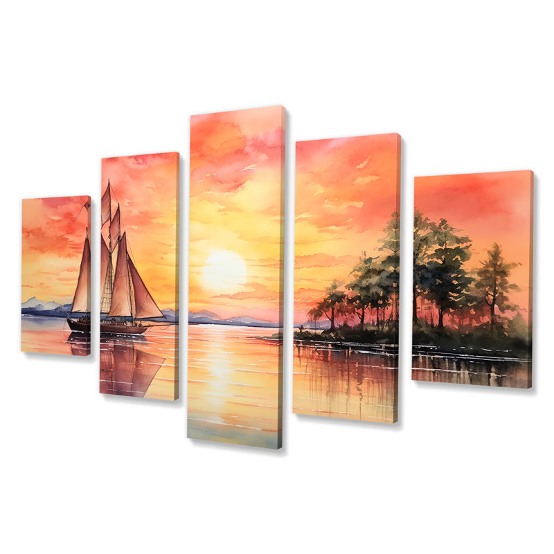 Couleurs pastel, voilier, coucher de soleil VI - ensemble d'art mural multi-panneaux