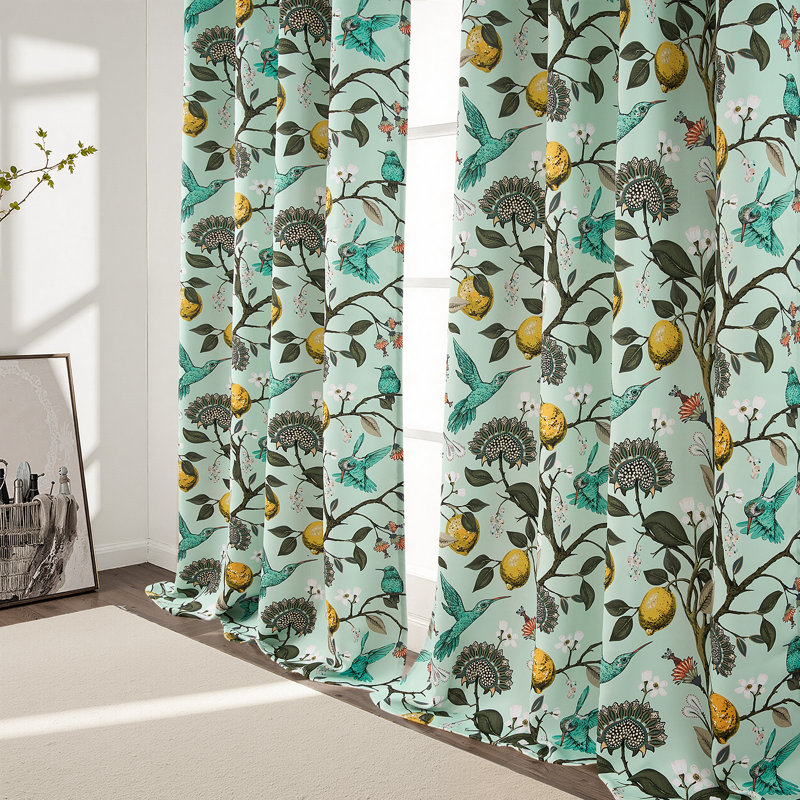 Fancy Hummingbird Patterned Room Darkening Curtain,Rod Pocket Back Tab Floral Drapes,Set of 2, 52" W x 63" L, MintGreen