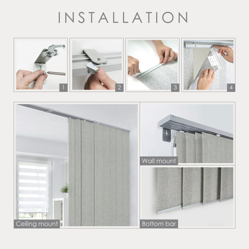 Sharmaine Deluxe Adjustable Sliding Panel Track Blind 45.8"- 86" W X 96" H, Extendable 4-Rail Track, Trimmable Pleated Natural Woven Fabric, Airo