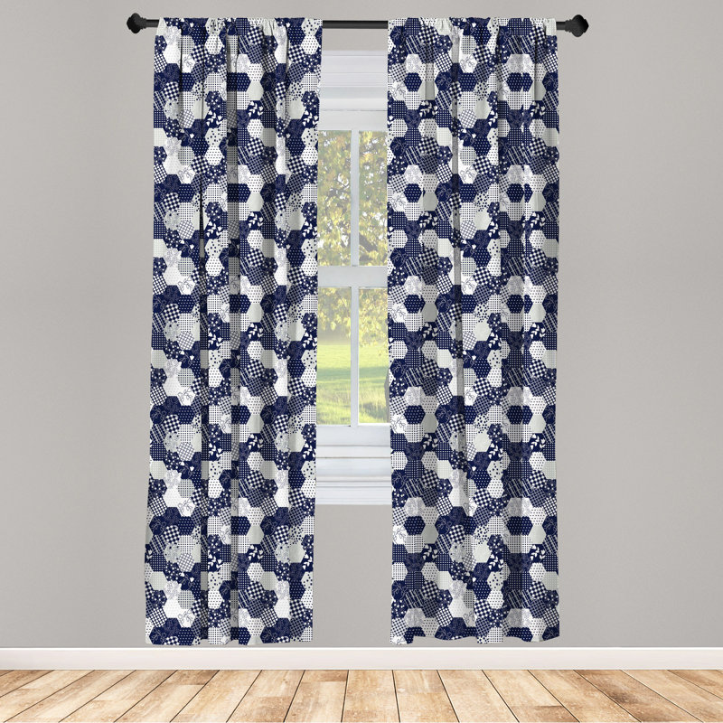 Navy and White Patchwork Rod Pocket Light Filtering Curtain Panels