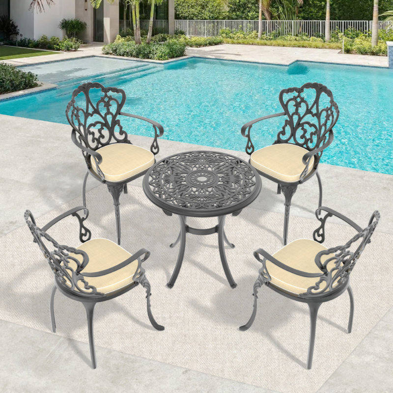 Set Of Cast Aluminum Patio Furniture With Black Frame And Seat Cushions, 4