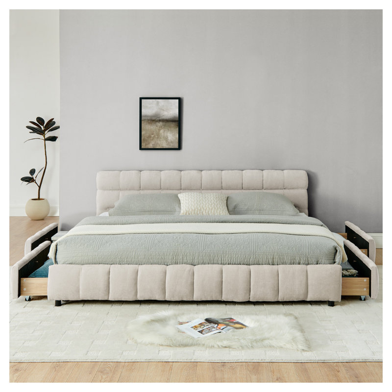 Très grand lit plateforme tapissier avec tiroirs de rangement, structure de lit en chenille moderne avec tête de lit capitonnée, beige