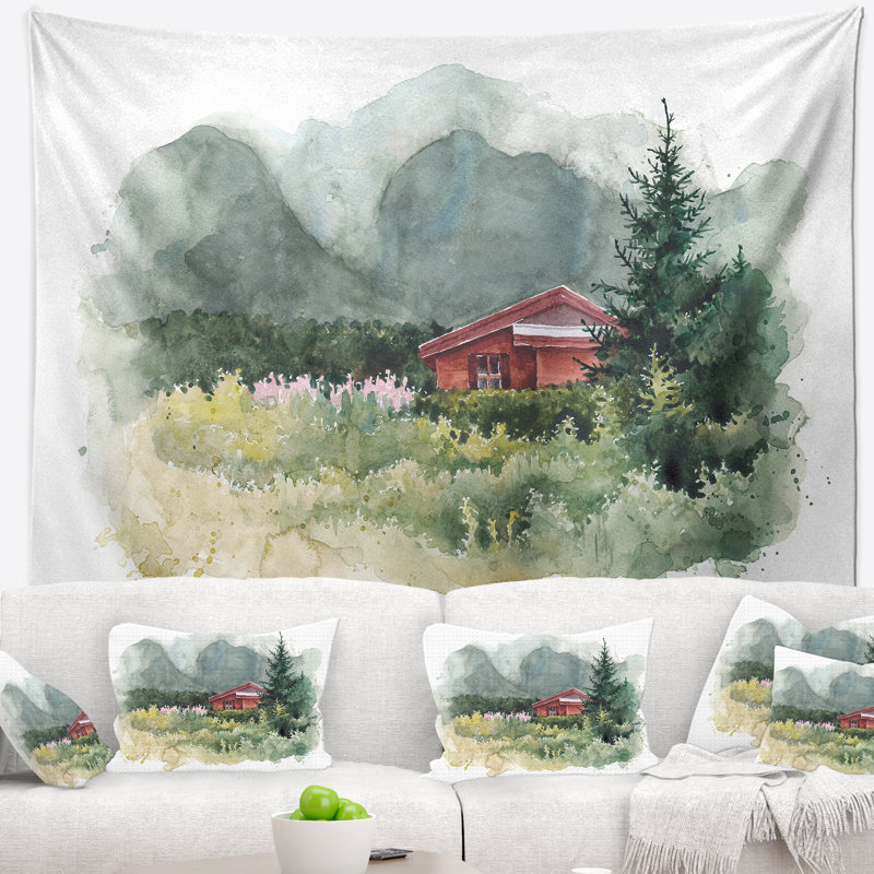 Paysage, aquarelle, maison, montagnes Aad, tapisserie, H 50 po x l 60 po