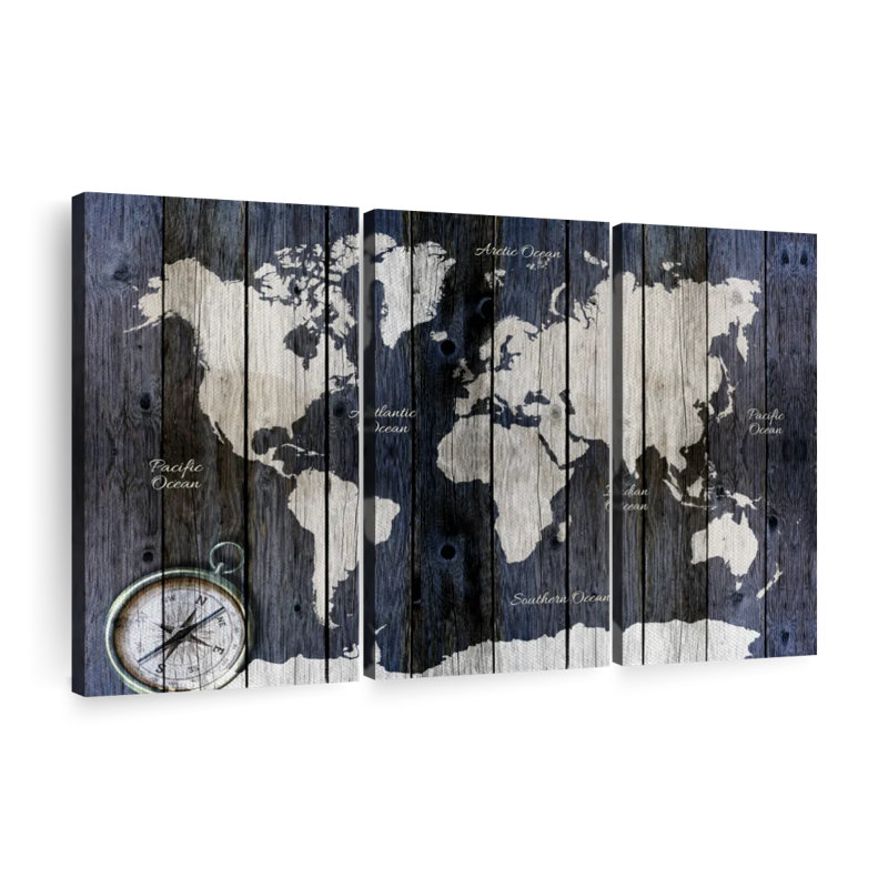 Carte du monde sur bois, carte du monde sur toile, reproduction de 3 pièces, H 38 po x l 24 po x P 1 po