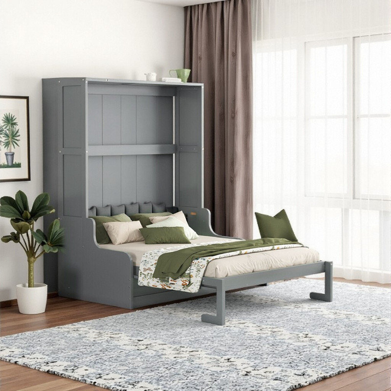 Queen Size Murphy Bed Wall Bed with Sofa - Space Saving Wall Bed with Cushion, Gray