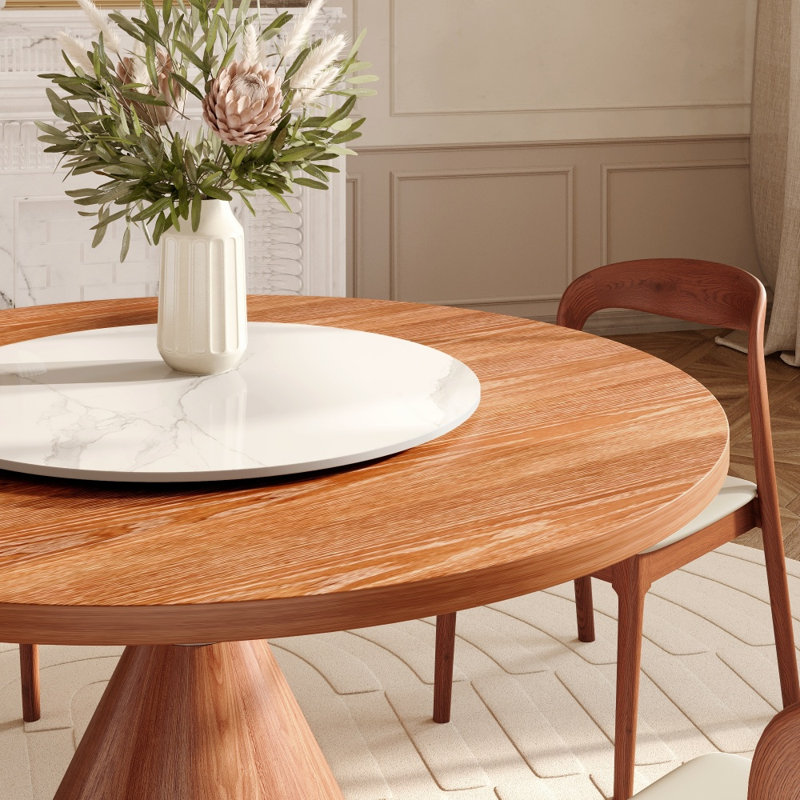 Table de salle à manger ronde en bois massif avec piédestal sculptural sphérique à cône | Table de salle à manger de style campagne moderne pour 4 à 8 personnes