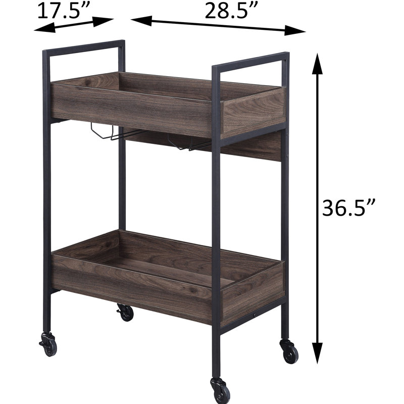 Chariot de service en noyer et noir, 2 tablettes, porte-gobelet, surface, chariot de service mobile en bois et métal, noir, tablettes