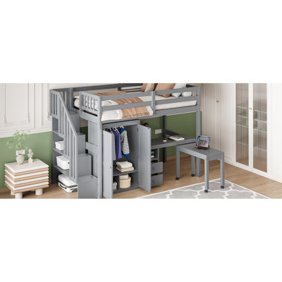 Gray Twin Size Loft Bed With Versatile Storage - Stairs, Bookshelf, Drawers, Desk & Wardrobe. Ideal For Teens Stairs And Intelligent Gray. Wardrobe Teens. Build