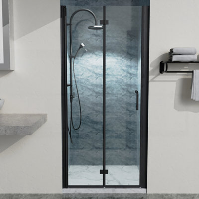 34 à 35 3/8 po X P 72 po H Portes de douche pliantes sans cadre en noir mat avec verre transparent
