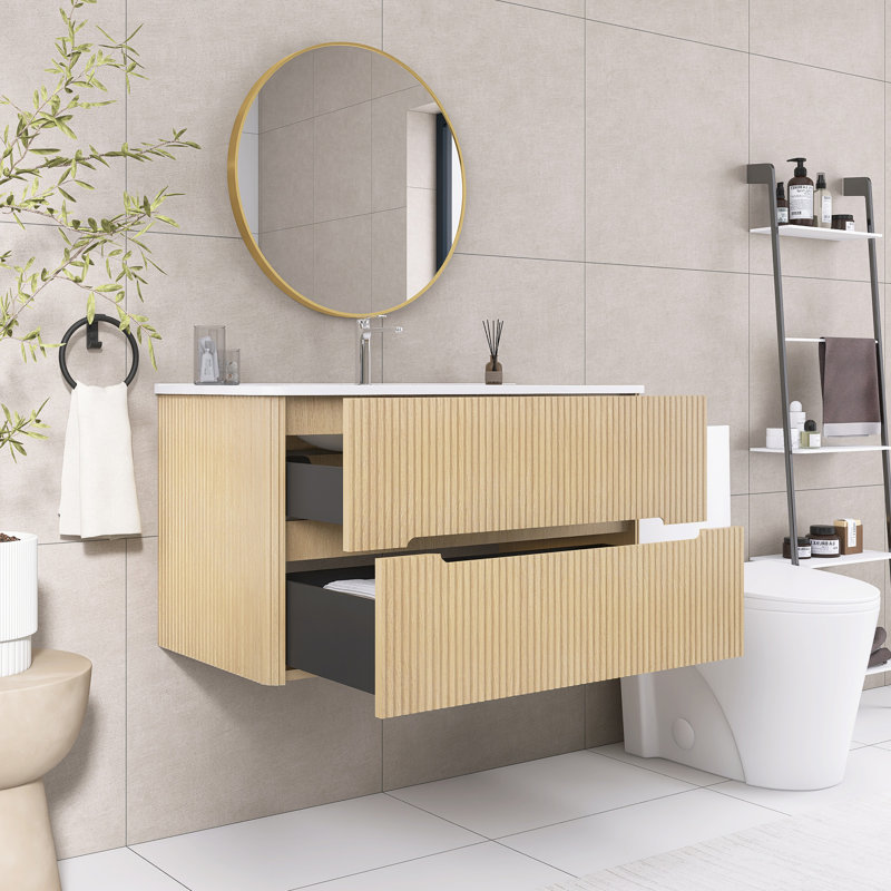 Meuble-lavabo mural simple 36 po avec lavabo, Chêne clair
