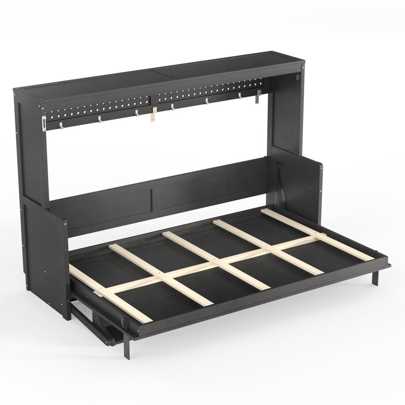 Lit escamotable double avec bureau, station de charge USB, gris foncé, Lit double, Gris foncé