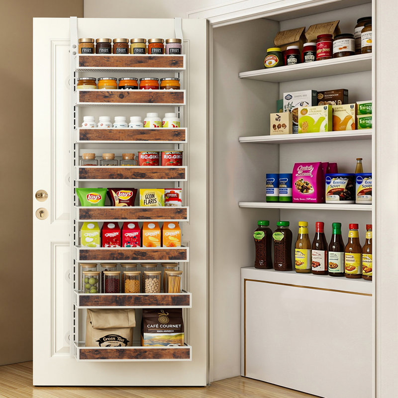 White 8-Tier Wood Over the Door Pantry Organizer, 180 lbs Heavy Duty Hanging Spice Rack & Wall Mounted Storage Single