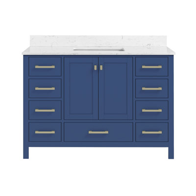 Meuble-lavabo de 48 po en bois massif bleu avec plateau et tiroirs à fermeture en douceur