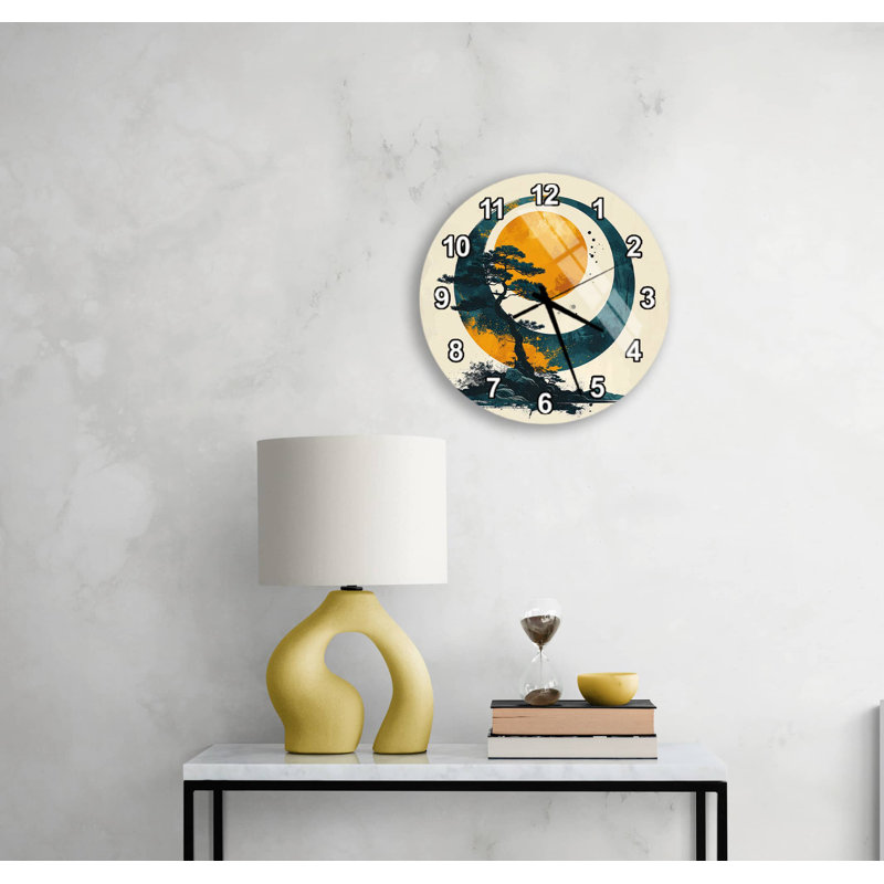 Horloge murale japonaise en verre trempé Zen Bonsai japonais, décor de lune asiatique moderne, montre à chiffres romains dorés, cadeau de pendaison de crémaillère unique