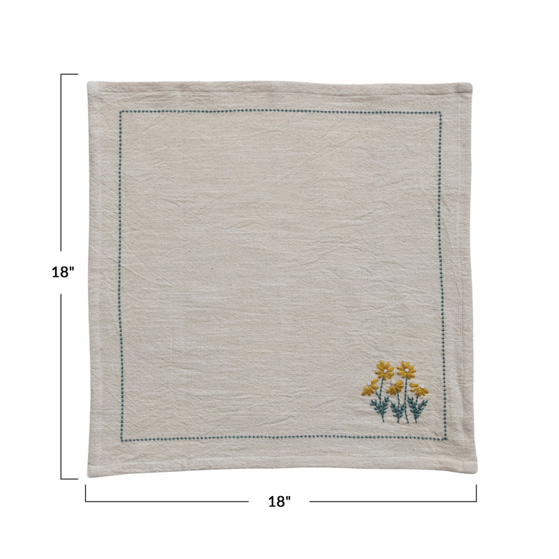 Floral Hand-Embroidered Cotton Napkins