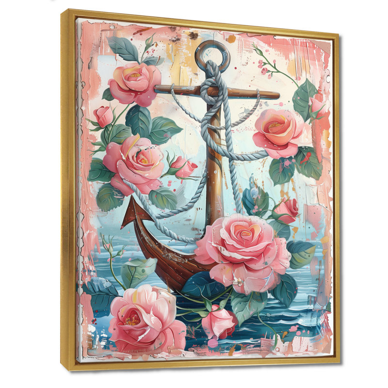 Ancre de pirate rose et vert avec roses roses II - décoration murale bord de mer, Toile avec cadre flottant or