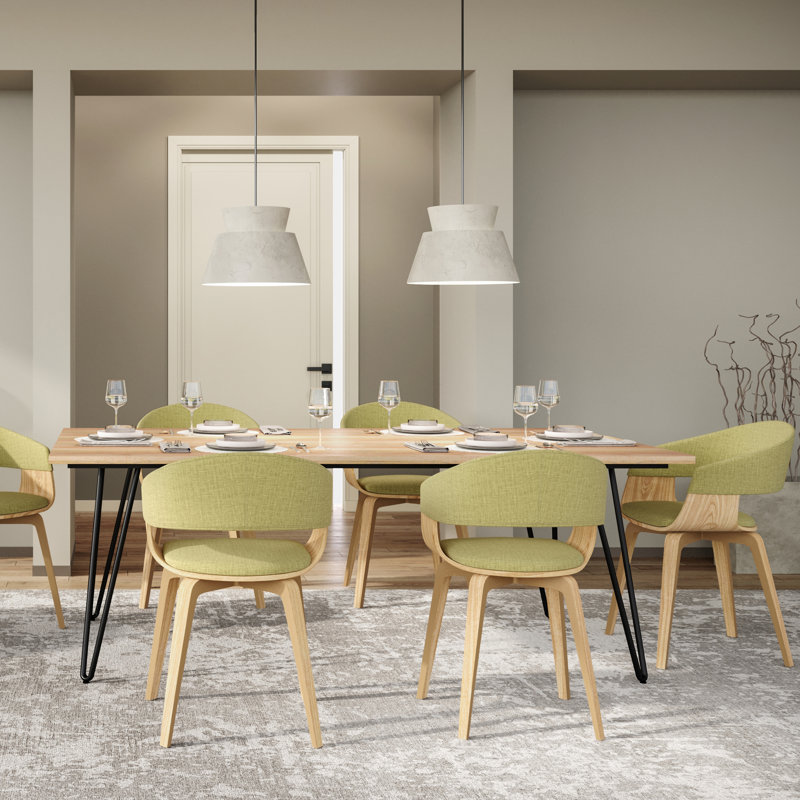 Lowell Bentwood Upholstered Dining Chair with Curved Backrest in Mid-Century Modern Style, Acid Green