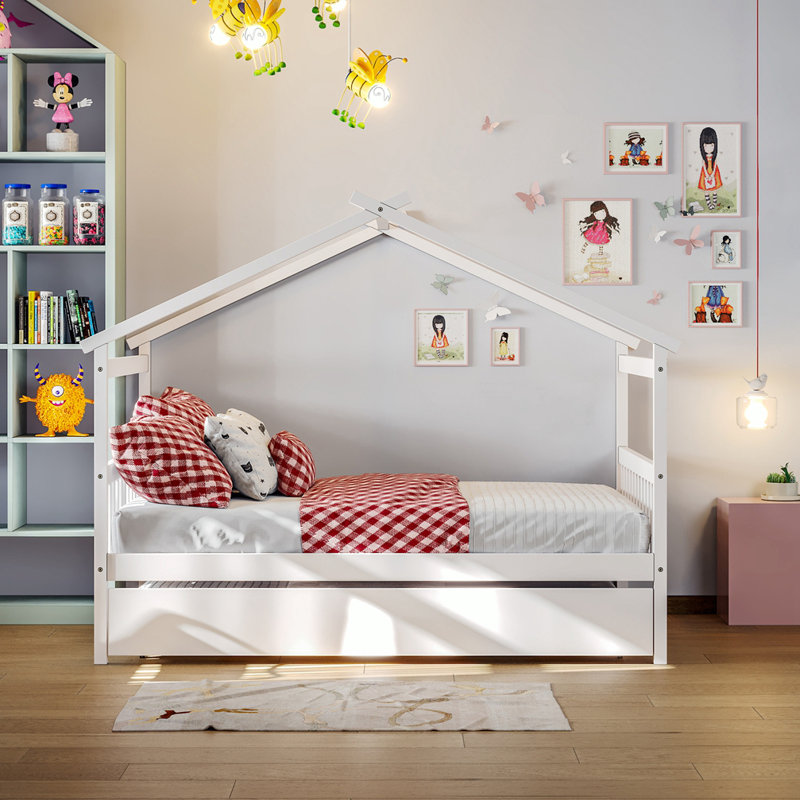 Annais Wooden House Bed with Trundle, Full, White