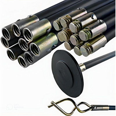 Drain Rods Set 12-Piece Flexible Drain Clearing Kit With 10 X 920Mm Rods 100Mm Rubber Plunger & 70Mm Double Worm Screw