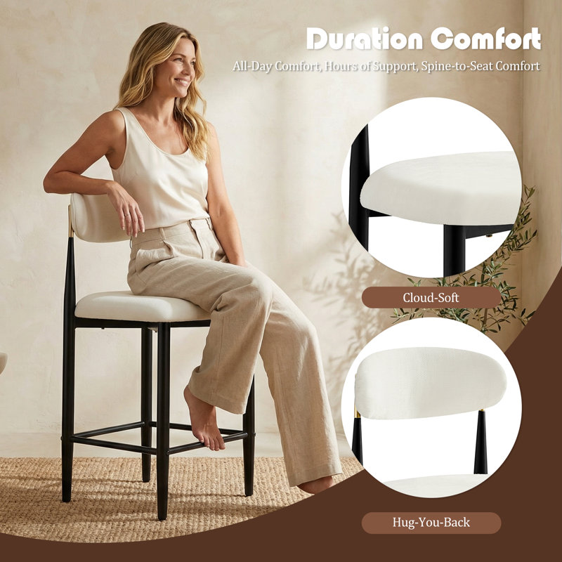 Modern Chenille Armless Bar Stool With Backrest And Gold-Accented Frame, White Chenille