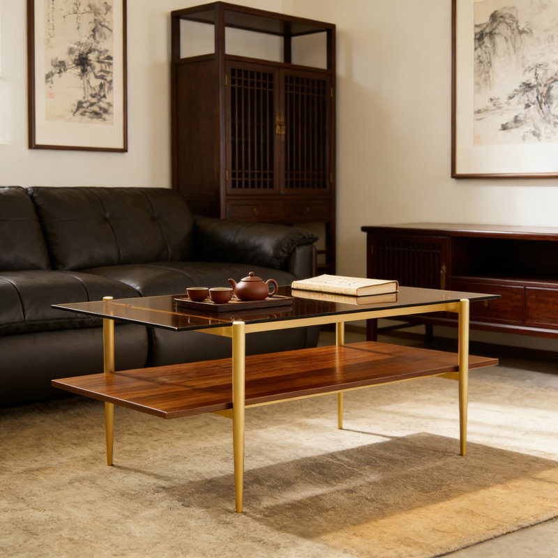 Table basse Mid-Century moderne avec pieds à finition dorée, plateau en verre ambré et tablette en noyer, conception à deux niveaux pour le salon