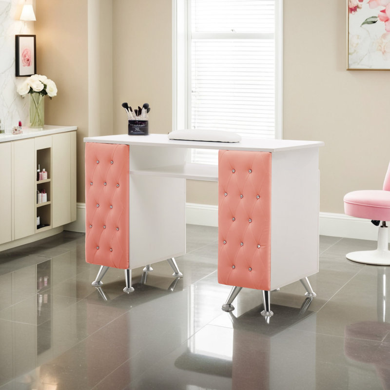 Ashayra Nail Desk with Cabinet and Drawer Upholstered Pad, White/Pink